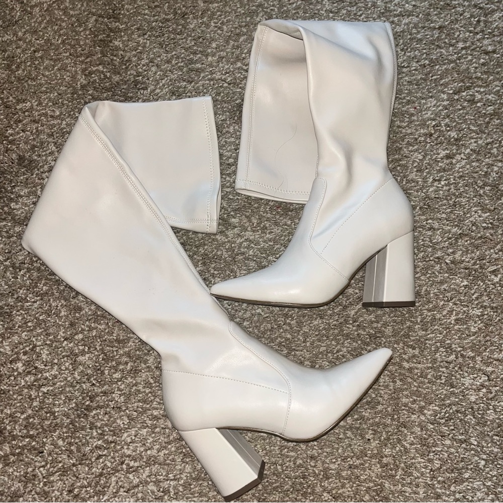 Cream Bone Faux Leather Over the Knee Heeled Boots